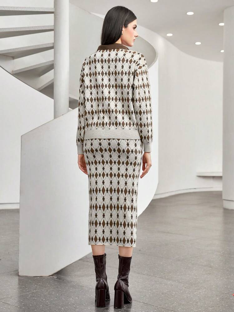 Women'S Geometric Print Collar Sweater And Skirt Two-Piece Set 2 Piece Set