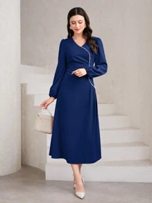 Modelyn 女士珍珠裝飾氣球袖連衣裙 - 藍色 - 查看 4