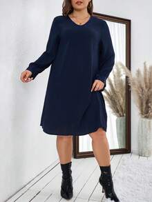 EMERY ROSE 大尺碼女款 V 領長袖直筒連身裙 - 寶藍色 - 查看 4