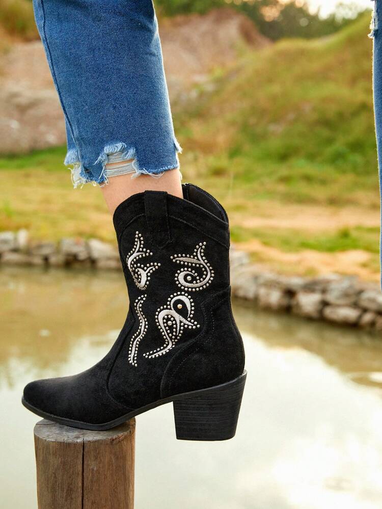 Ladies' Black Slip-on Short Boots With Rhinestone & Embroidery Decoration, Fashionable And Versatile