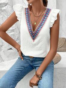 SHEIN VCAY 刺繡貼花荷葉邊女衫 - 白色 - 查看 3