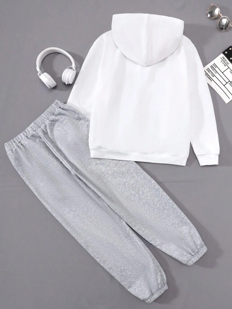 Teen Boy Casual Loose Bear Pattern Hooded Sweatshirt And Sweatpants Set