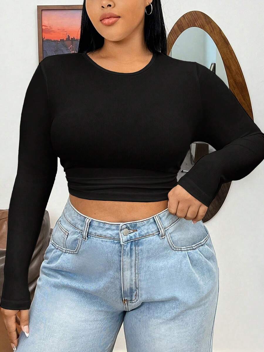 SHEIN EZwear Plus Solid Crop Tee - Black - View 1