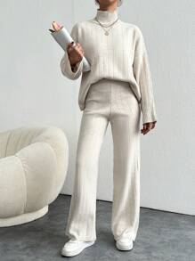 EURMUSE Solid Color Long-Sleeved Sweater And Knitted Trousers Two-Piece Set - Apricot - View 1