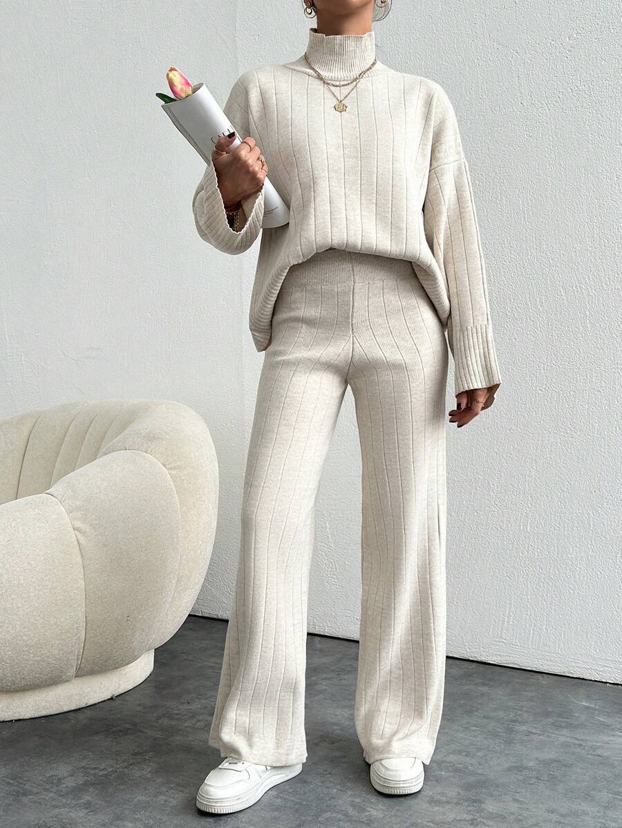 EURMUSE Solid Color Long-Sleeved Sweater And Knitted Trousers Two-Piece Set - Apricot - View 1