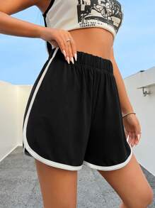 Muchica Rhinestone Slogan Striped Embellished Shorts - Black - View 2