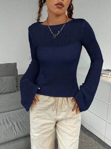 SHEIN Unity 百搭性感喇叭袖针织套头衫，适合秋冬季穿着 - 藏蓝色 - 查看 6