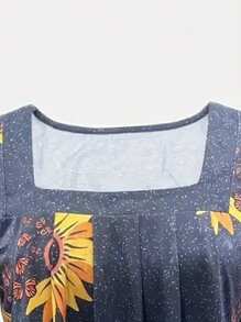 INAWLY In hoa Cổ vuông Áo thun - Màu xanh hải quân - Xem 3