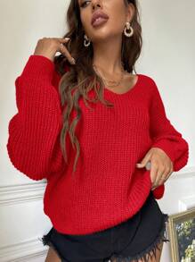 Siren Gaze Suéter feminino de malha canelada com decote em V e cor sólida, blusa de manga comprida para outono/inverno - Vermelho - Ver 3