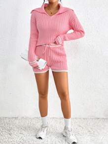 SHEIN Essnce Của phụ nữ Khối màu Cable Áo len dệt kim Và Quần short Hai chiếc Bộ - Hồng - Xem 3