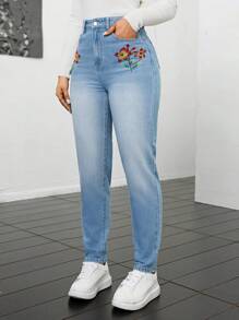 SHEIN Privé Women's Floral Embroidery Skinny Jeans - Light Wash - View 6