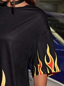 SHEIN EZwear Fire Print Drop Shoulder Tee Dress - Black - View 3