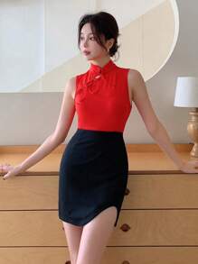 EastFlair 女士百搭不对称下摆修身紧身黑色半身裙