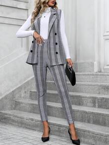 SHEIN Clasi 女平駁領格紋無袖西裝 - 彩色 - 查看 1