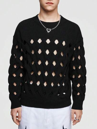 ROMWE Avant Men's Hollow Out Distressed Round Neck Sweater Suitable For Daily Wear In Spring, Autumn And Winter