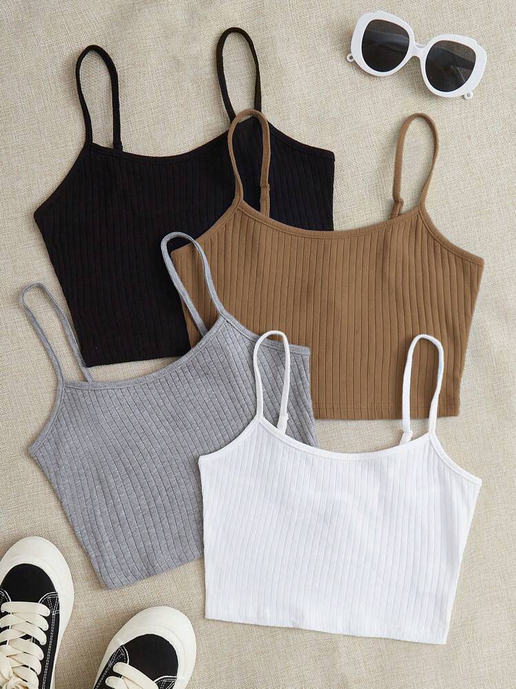 SHEIN EZwear Áo ba lỗ dệt kim gân viền lá rau diếp mùa hè 4 món/bộ - Nhiều màu - Xem 6