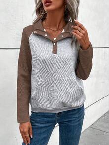 SHEIN LUNE 連結半門襟拼色插肩袖運動衫 - 咖啡棕 - 查看 4