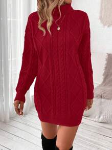 SHEIN LUNE 純色高領毛衣連身裙 - 紅色 - 查看 5