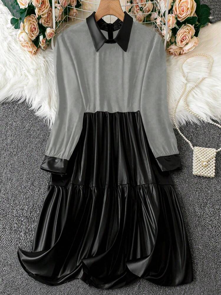 Women'S Color Block Patchwork Fabric Dress Fall Cloth For Women