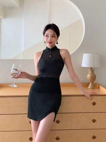 EastFlair Women's New-Style Chinese Style Cheongsam Collar Mesh Contrast Sleeveless Top - Black - View 5