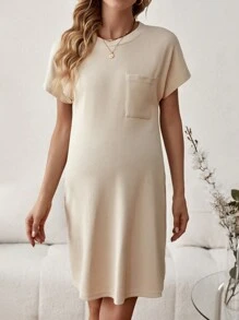 SHEIN Maternity Batwing Short Sleeve Ribbed Dress - Apricot - View 5