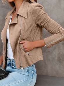 Chiquease Women Suede Zip-Up Motorcycle Jacket With Multiple Zipper Decorations - Khaki - View 5