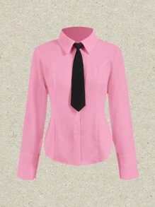 SHEIN EZwear 女款純色長袖襯衫 - 粉色 - 查看 4