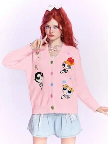 The Powerpuff Girls | ROMWE Cárdigan Con Botonera En Terciopelo Y Estampado De Caricaturas Para Mujer Con Hombro Caído - Rosa - Ver 2
