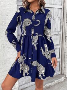 SHEIN LUNE Women's Leopard Shirt Dress - Navy Blue - View 3