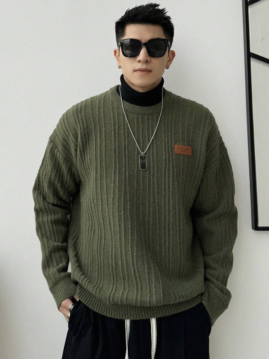 DAZY Men's Letter Patch Drop Shoulder Sweater Fall,Winter - Army Green - View 1