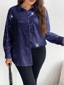 SHEIN LUNE Plus Size Long Sleeve Sequin Shirt - Navy Blue - View 4