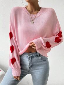 SHEIN LUNE Heart Pattern Drop Shoulder Sweater Top Knit Pullover Fall Winter Sweater - Pink - View 3