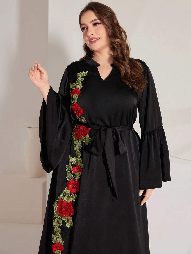 Plus Size Women'S Floral Print Bell Sleeve Arabian Dress