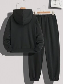SHEIN 男孩休閒卡通圖案連帽衫慢跑褲套裝,適合秋冬 - 黑色 - 查看 2