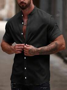 NITAGUT Men's Casual Lightweight Satin Texture Shirt - Black - View 1