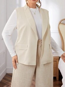 SHEIN Privé Plus Size Solid Elegant Sleeveless Blazer Jacket - Khaki - View 5