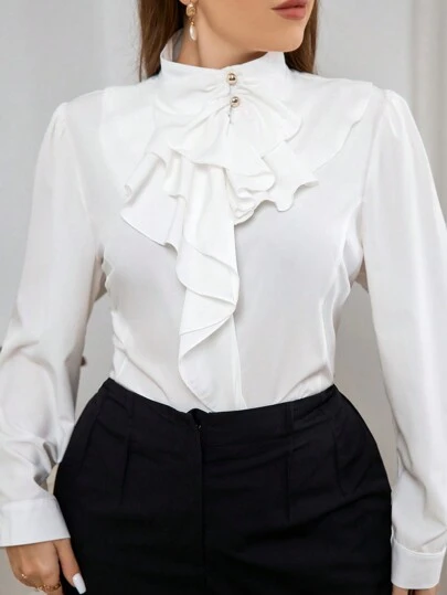 Firerie Elegant Commuting Stand Collar Ruffled Shirt For Women Plus Size