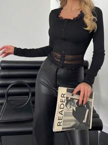 SHEIN Privé Women's Patchwork Lace T-Shirt - Black - View 7