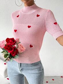 SHEIN LUNE 女款心型刺繡立領針織毛衣 - 粉色 - 查看 3