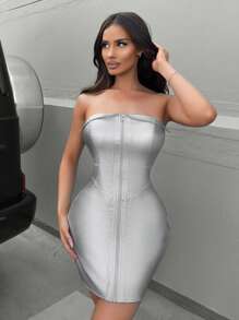SHEIN SXY Women'S Strapless Metallic Front Zipper Dress - Silver - View 1