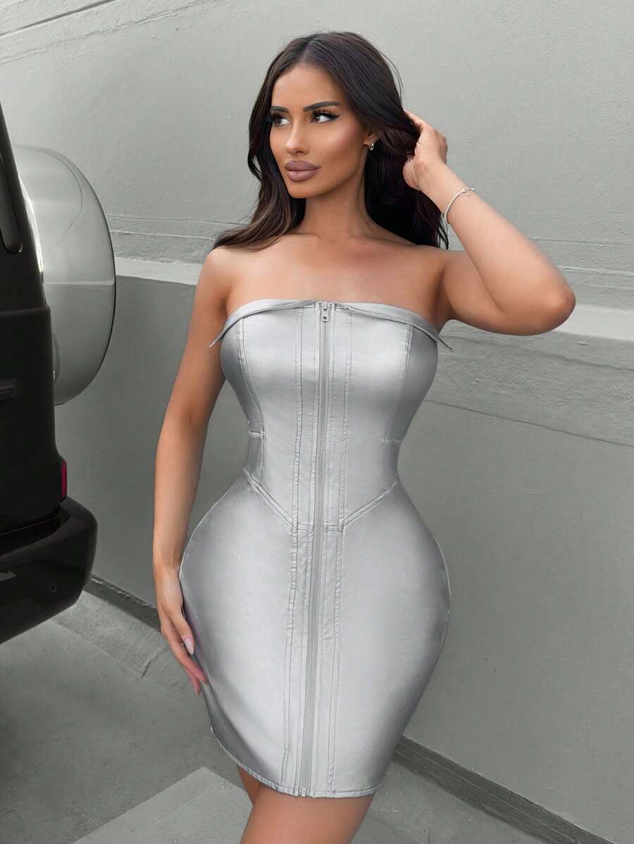 SHEIN SXY Women'S Strapless Metallic Front Zipper Dress - Silver - View 1