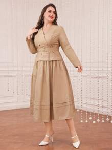 Modelyn Plus Size Casual Solid Color Dress Long Evening Dresses - Khaki - View 3