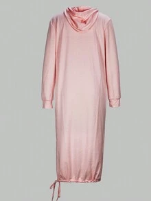 Women's Casual Drawstring Hooded Straight Dress - Dusty Pink - View 2