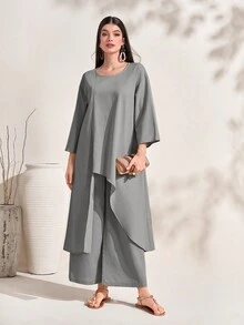 Al Najma Bộ đồ hai mảnh áo cổ tròn viền bất đối xứng và quần ống rộng cho nữ - Xám - Xem 4