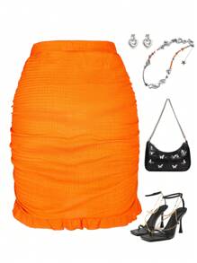 1pc Girls' Elastic Waist Ruffled Hem Skirt For Spring And Summer - Orange - View 2