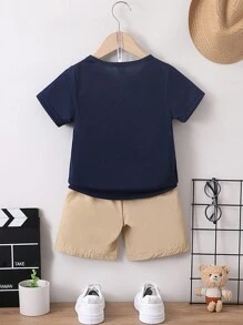 SHEIN Streecool Kids 男童夏季休閒字母印花2件套裝 - 寶藍色 - 查看 2