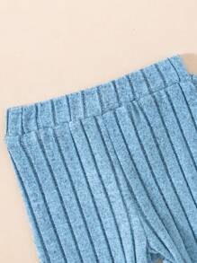 嬰兒女孩荷葉邊圓領長袖上衣和褲子套裝,實色舒適的兩件套裝 - 淺藍色 - 查看 4