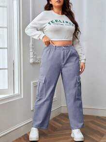 SHEIN EZwear Plus Size Solid Color Cargo Style Jeans - Light Grey - View 3