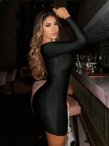 SHEIN SXY 女士方領修身長袖洋裝,適合派對,適合新年夜 - 黑色 - 查看 5