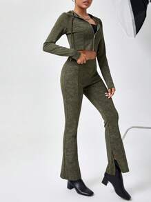 SHEIN Essnce Set Da Donna Con Top E Pantaloni Con Cappuccio E Cerniera Frontale - Verde militare - Visualizzare 5
